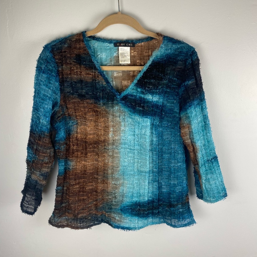 Vintage Ruby Cho Women's V-Neck Textured Top - Blue and Brown